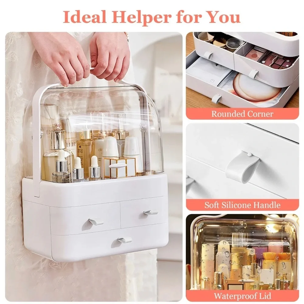 - Makeup Organizer Jewelry Cosmetic Storage Box W/ Dustproof Flip Cover 3 pink